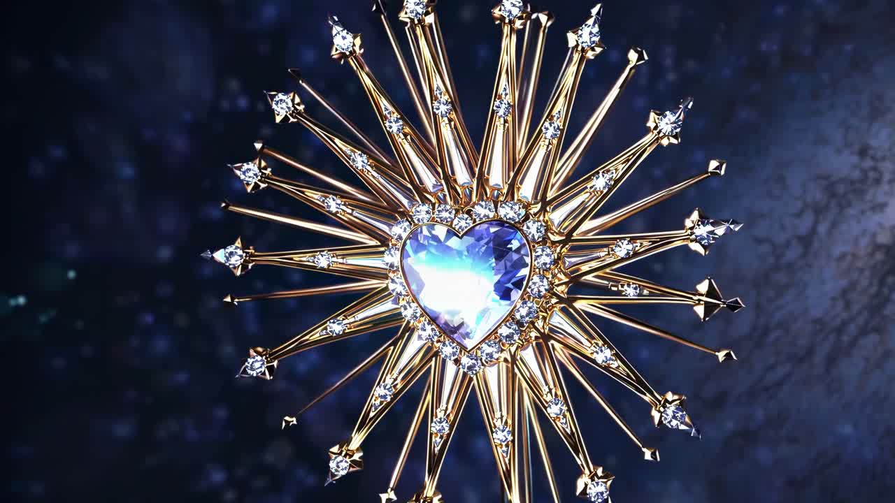 Golden star shaped cosmic artifact featuring heart shaped sapphire, radiating luminous energy against dark starry background, symbolizing celestial beauty and mystical power