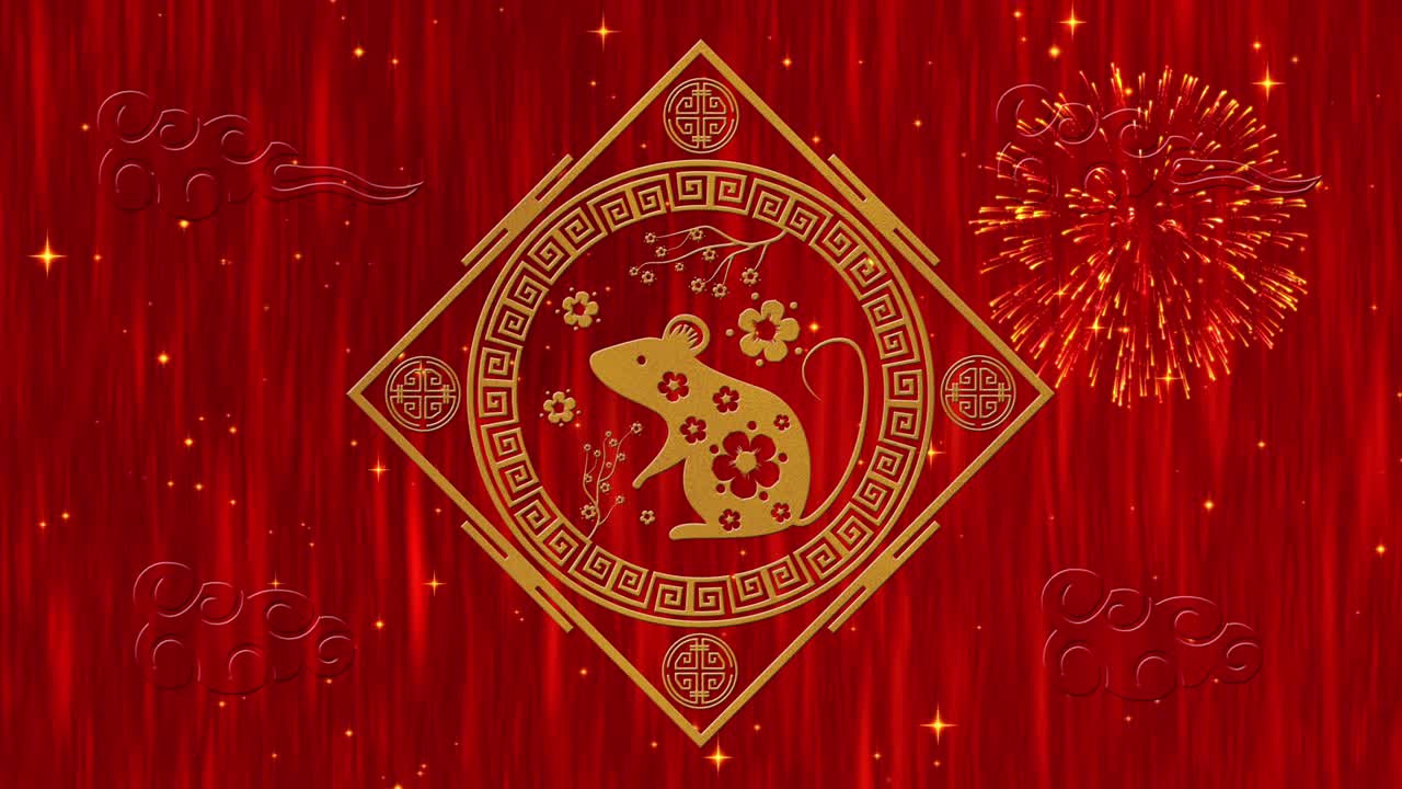 año nuevo lunar, fondo del festival de primavera con rata dorada, fuegos artificiales, estrellas relucientes. animación del año nuevo chino para el evento de vacaciones. renderización 3d de bucle sin costuras 4k video