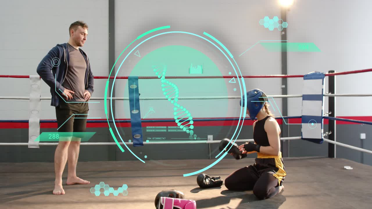 Woman boxer adjusting headgear and gloves while coach entering, prepping boxing, teal HUD tracking