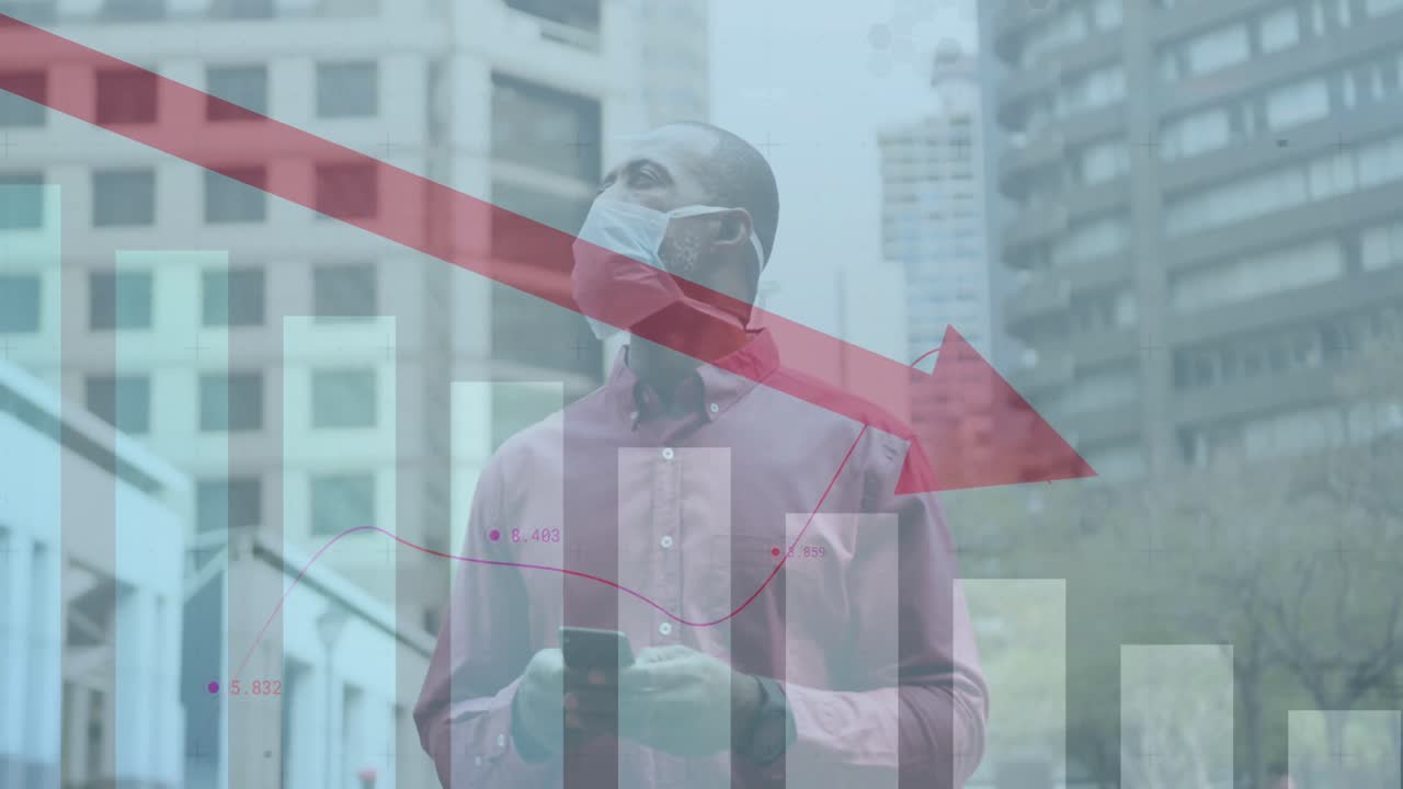 코로나 19 세포의 애니메이션 아프리카계 미국인 남자가 얼굴 마스크를 착용한 클로즈업