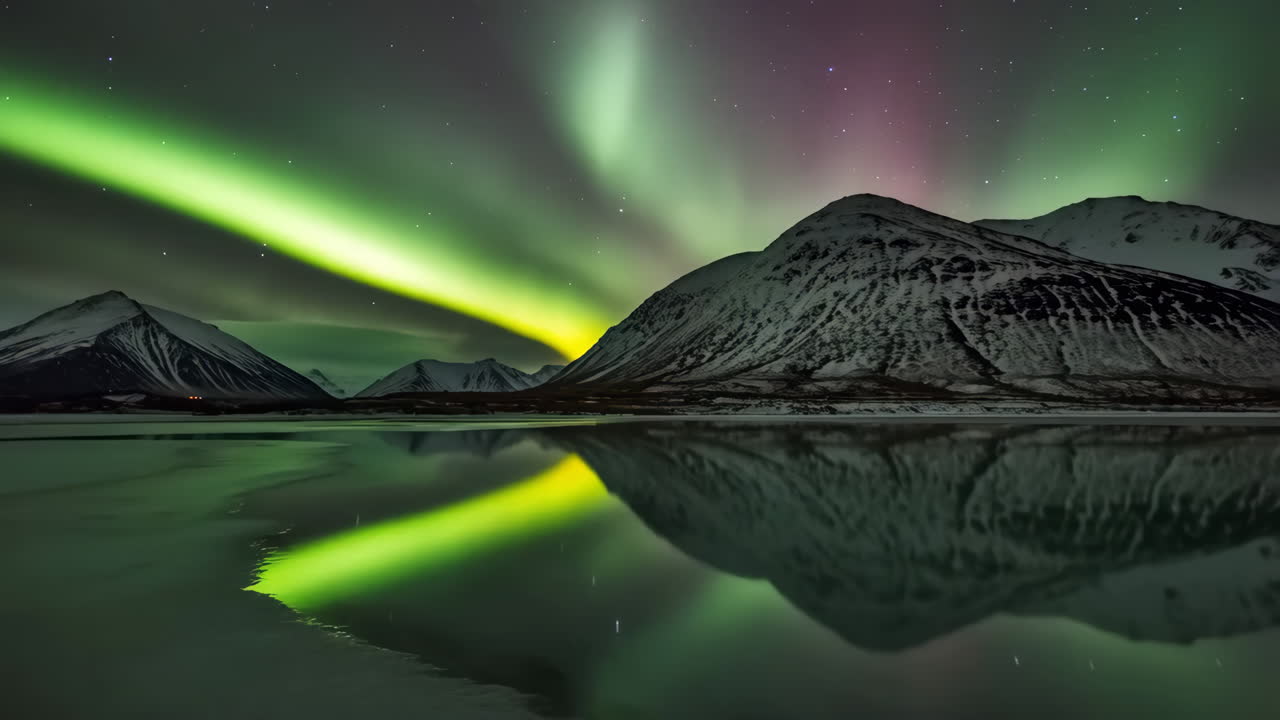 Spettacolare aurora boreale su montagne innevate riflessa nell'acqua