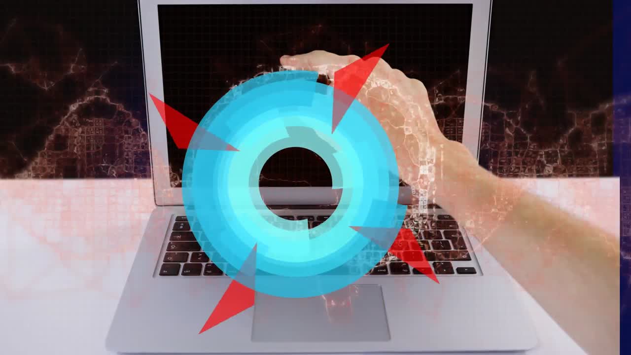 анимация сканирования и днк-потока над рукой, указывающей на ноутбук