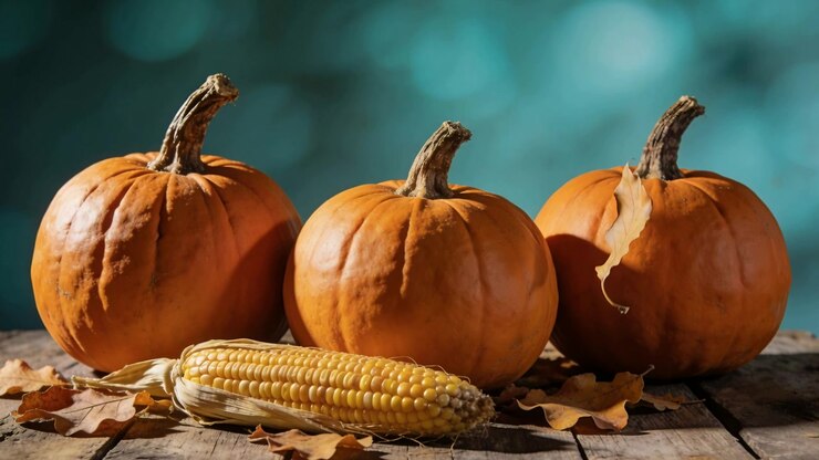Esposizione del raccolto autunnale con zucche e mais su un tavolo di legno
