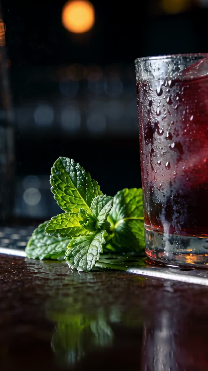 Video verticale: Inquadratura che si stringe su un rametto di menta e un bicchiere da cocktail su un bancone bagnato, mostrando la condensa.