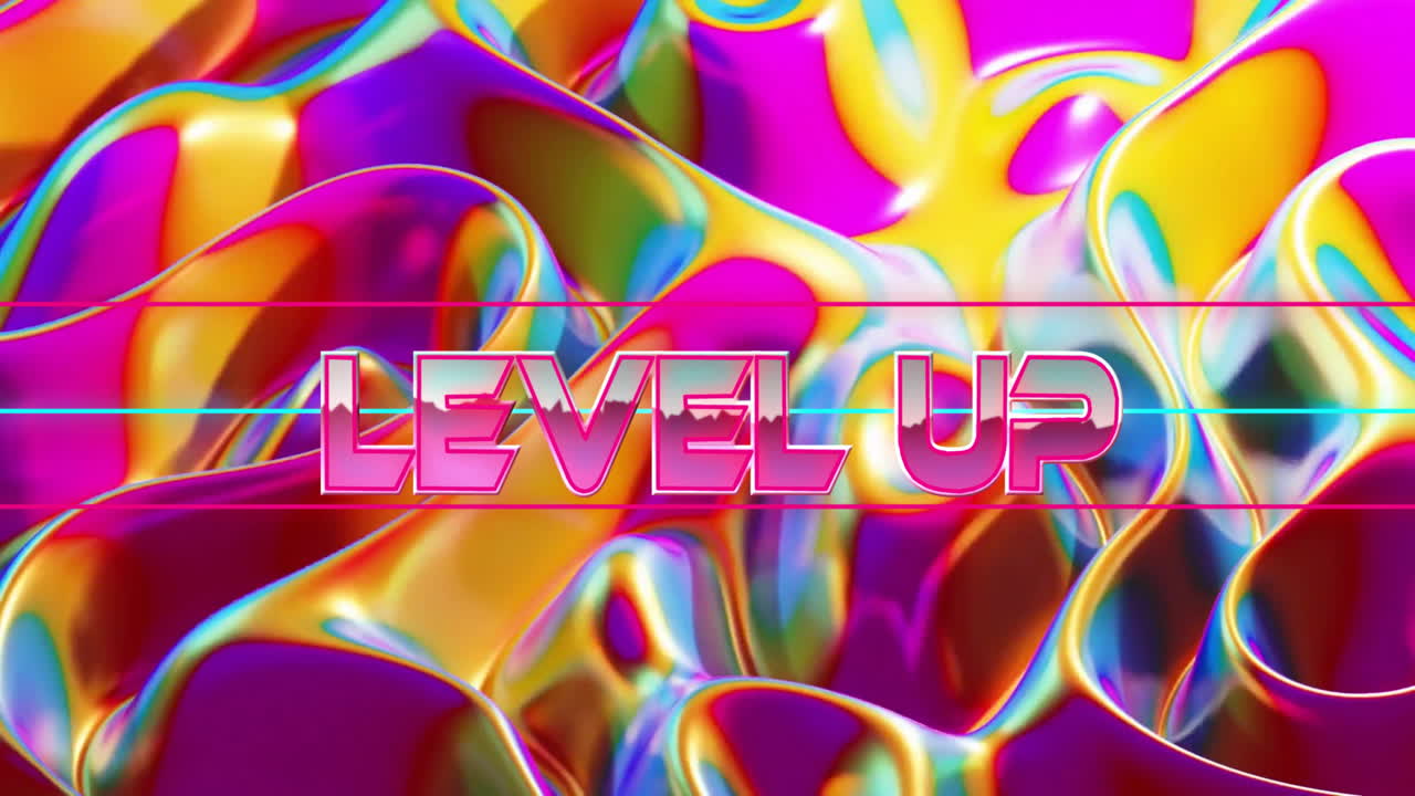 Bold neon-pink text LEVEL UP attracting attention, dancing across fluid neon shapes and lines