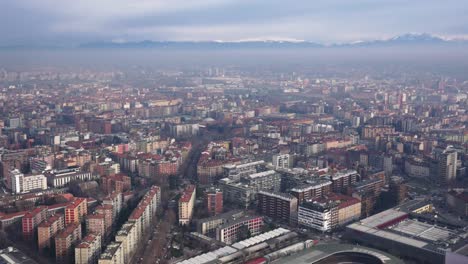 cinematic, establishing shot of milan from a high angle