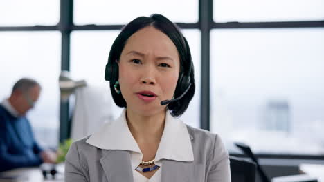 happy asian woman, face and call center consulting