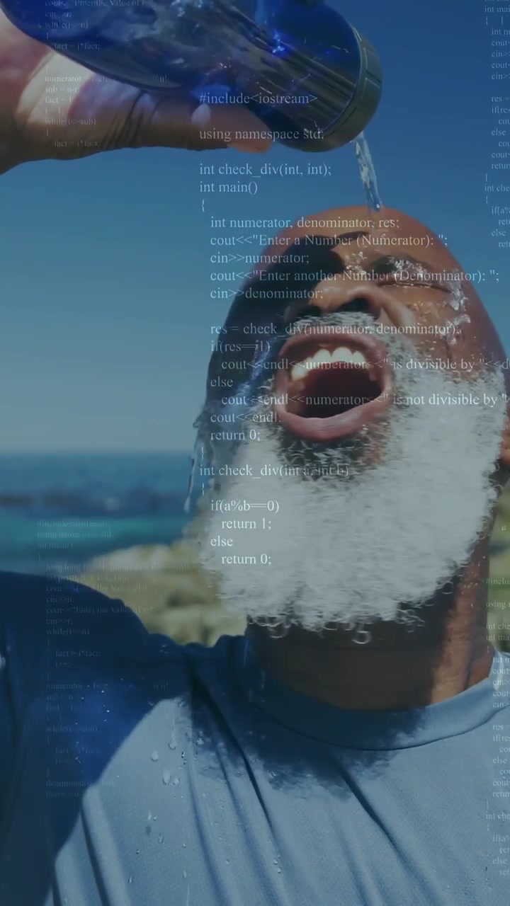 Video verticale: Atleta che beve da una bottiglia, con la barba bagnata, rinfrescandosi con una sovrapposizione di codice fitness.