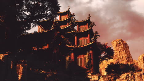 serene asian temple perched in majestic mountains during golden sunset