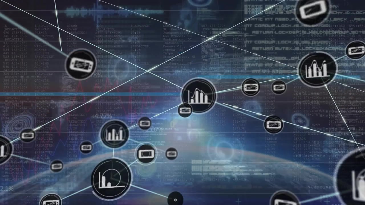 Animation of network of connections over globe and data processing