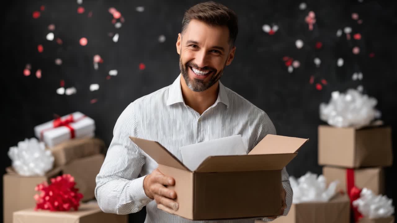 Joyful Man Unpacks a Surprise Gift from a Box in Front of Festive Background with Decorations and Wrapped Presents, Capturing the Spirit of Celebration and Happiness