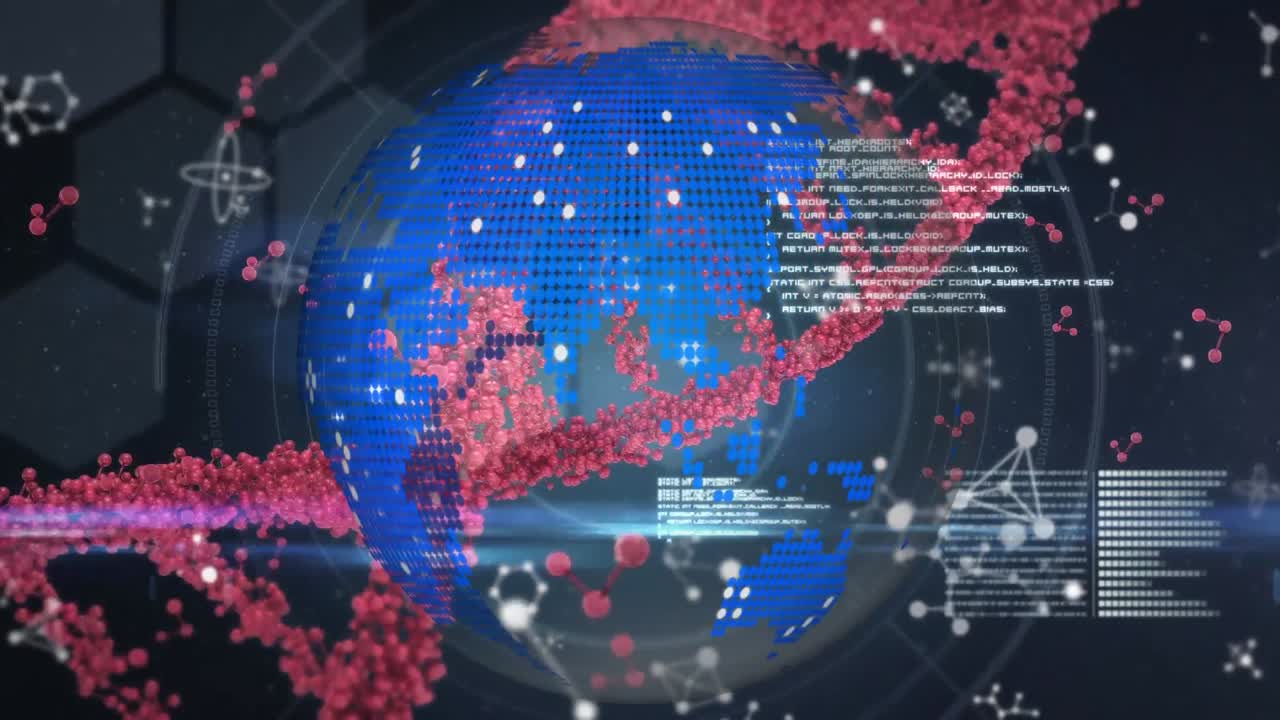 전 세계에 걸쳐 dna 가닥 스핀과 의료 데이터 처리의 애니메이션