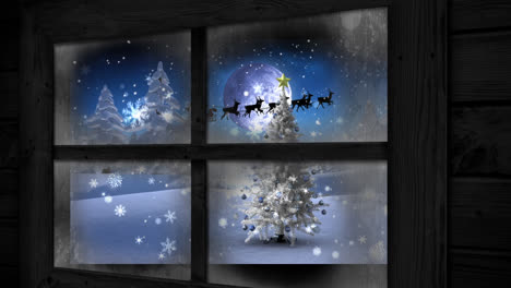 Animation-of-snow-over-santa-claus-in-sleigh-with-reindeer-in-winter-scenery-seen-through-window