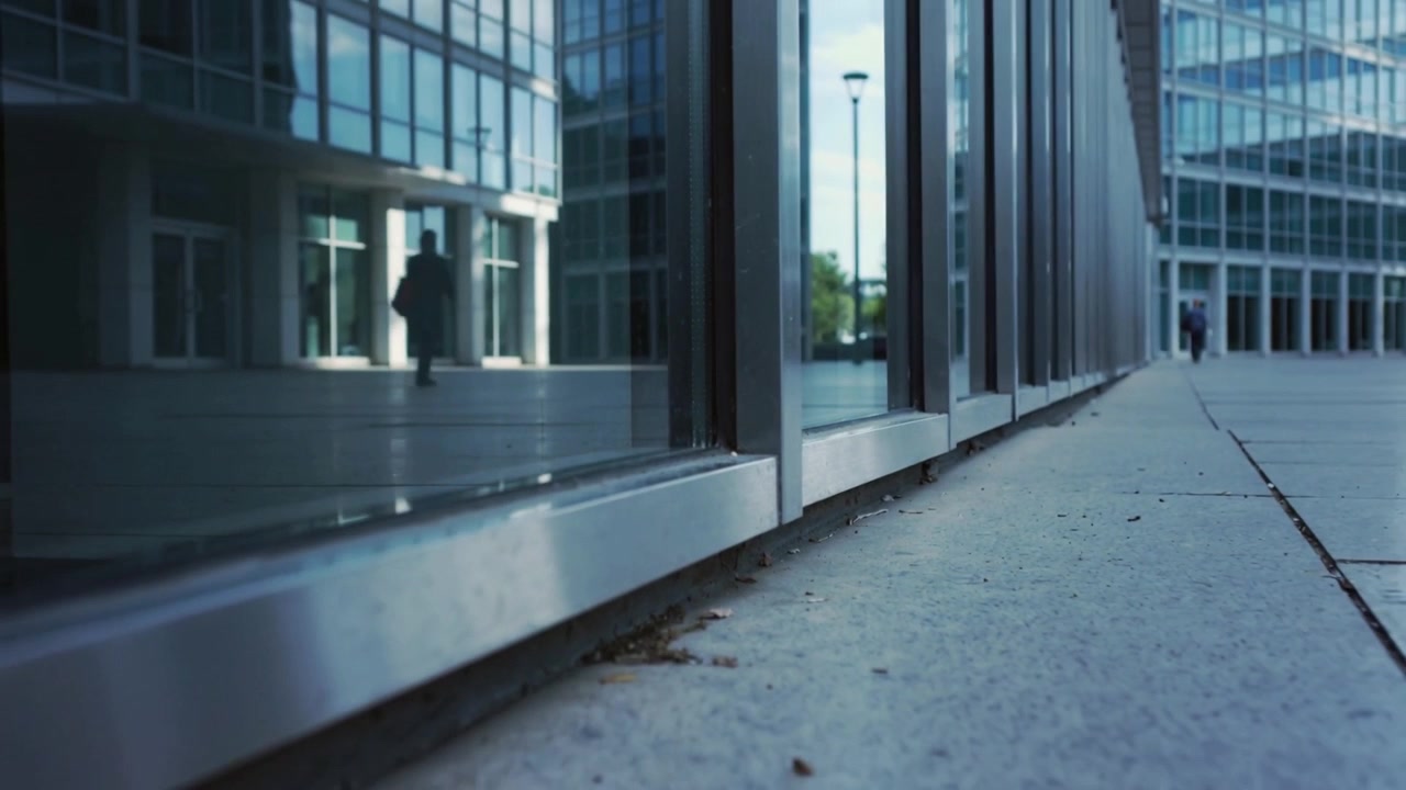 Mostrando una fachada de cristal reflejando a un viajero vestido de oscuro, mientras un transeúnte distante entra en la plaza.