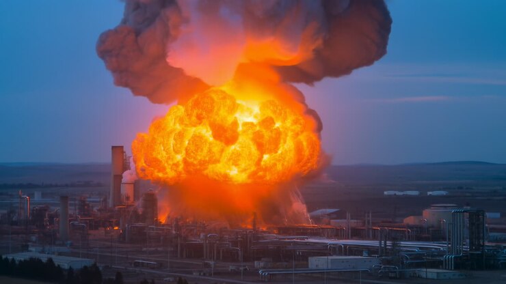 Massive Industrial Plant Explosion At Dusk, Huge Fireball And Towering Smoke Plume Over Refinery Complex,