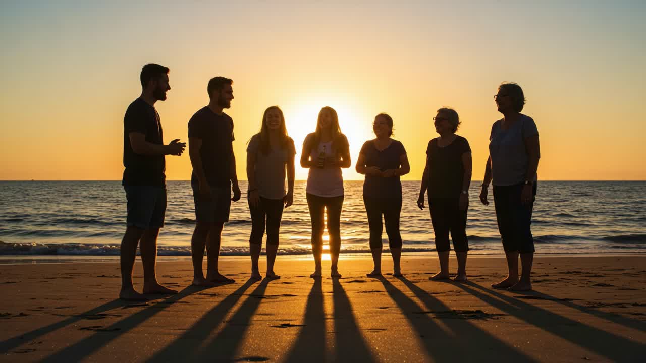 A group of friends gathers on the beach at sunset, silhouetted against the glowing sun, creating a picturesque moment filled with warmth and connection