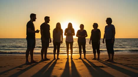 a group of friends gathers on the beach at sunset, silhouetted against the glowing sun, creating a picturesque moment filled with warmth and connection