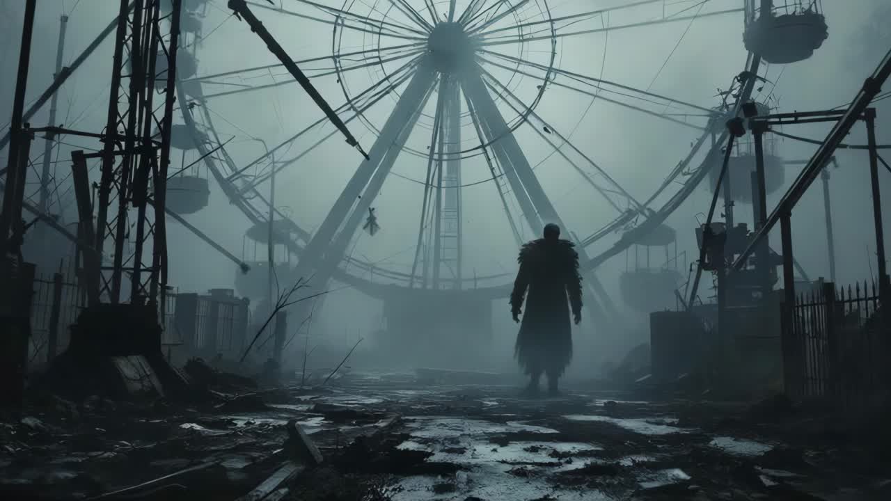 Mysterious figure walking through foggy amusement park with abandoned ferris wheel in background