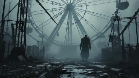 mysterious figure walking through foggy amusement park with abandoned ferris wheel in background