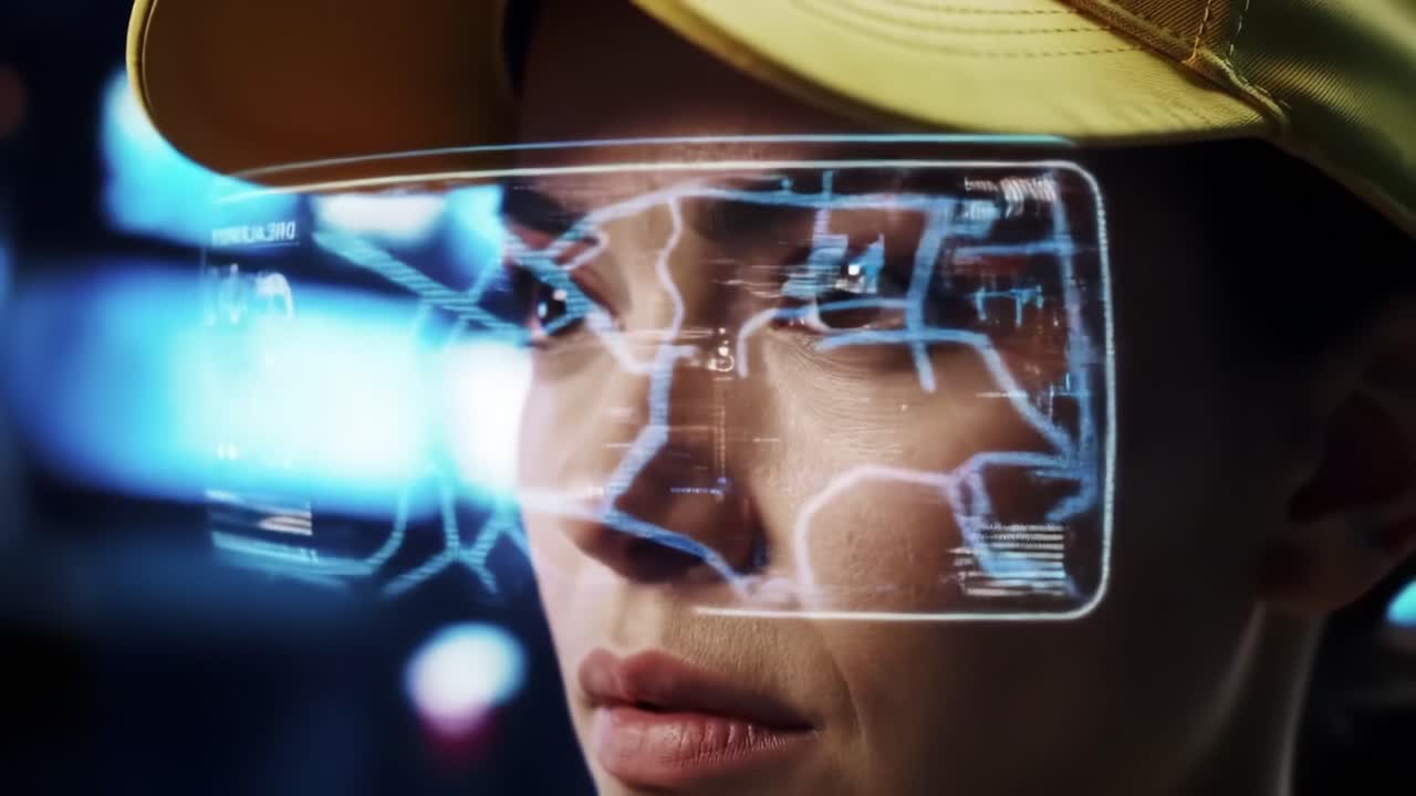 A focused individual wearing futuristic augmented reality glasses, immersed in a high-tech environment, analyzing digital data and information displayed in front of them