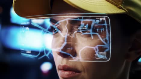 a focused individual wearing futuristic augmented reality glasses, immersed in a high-tech environment, analyzing digital data and information displayed in front of them