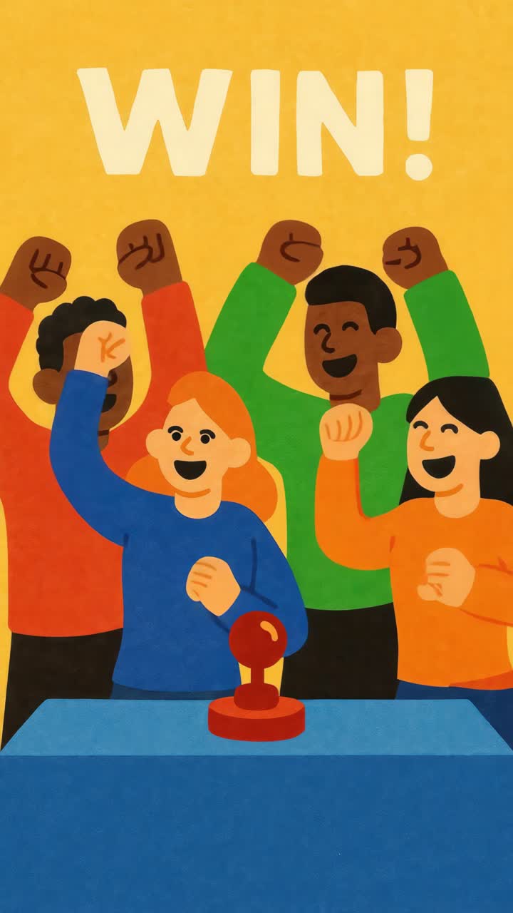 Kleurrijke illustratie van een diverse groep die een overwinning viert, vanaf de voorkant gezien