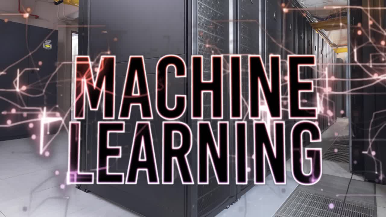 Animation of machine learning text banner and light trails against computer server room