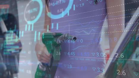animación del procesamiento de datos financieros sobre la mujer en la gasolinera