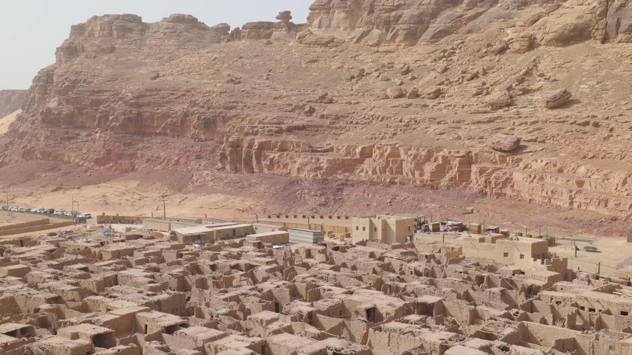 Aerial view of the Old Town mud hut houses in the tourist area of Al Ula, Saudi Arabia