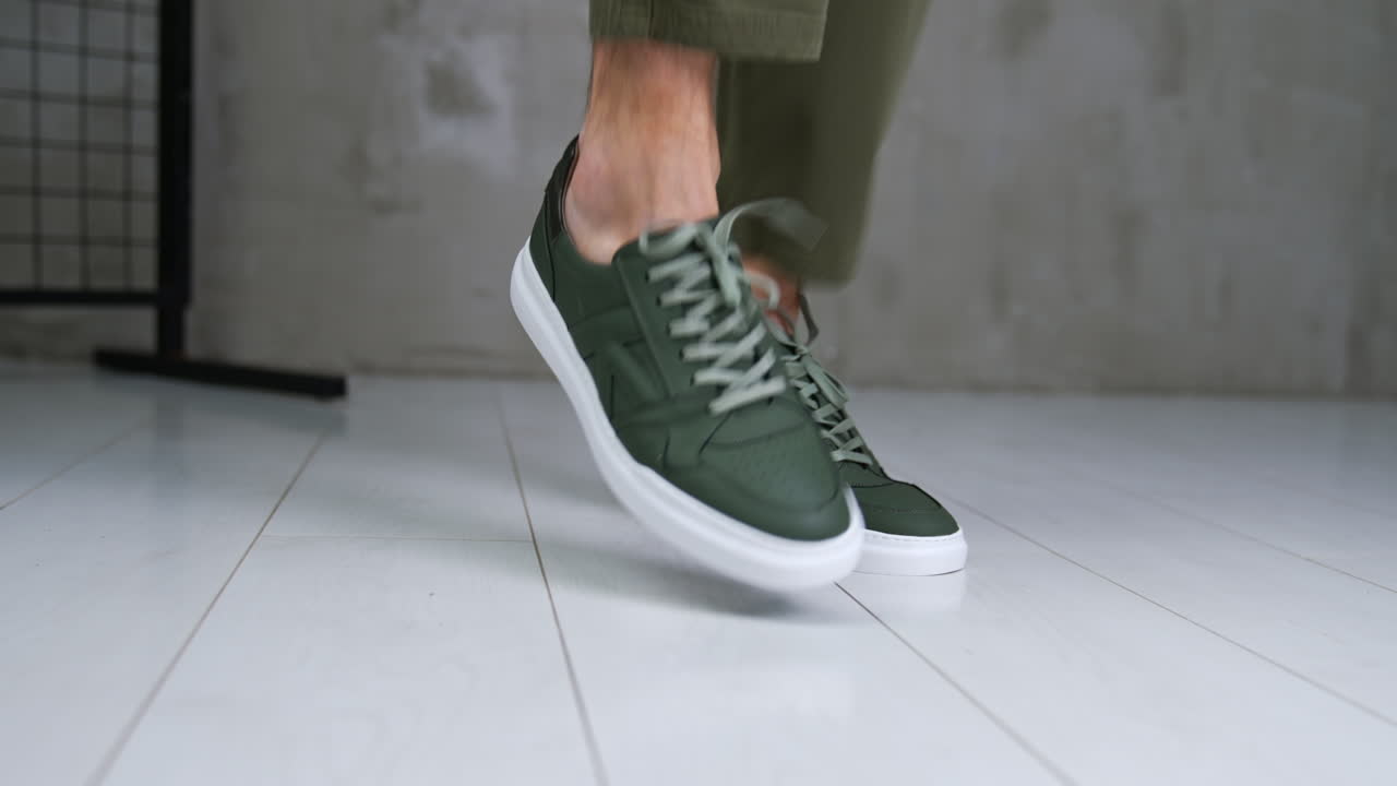 Olive Green Leather Sneakers on Feet