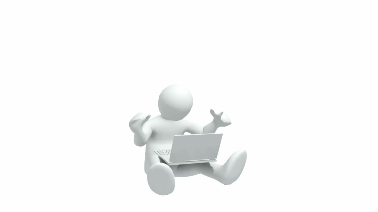 animación que representa un hombre 3d alegre con una computadora portátil