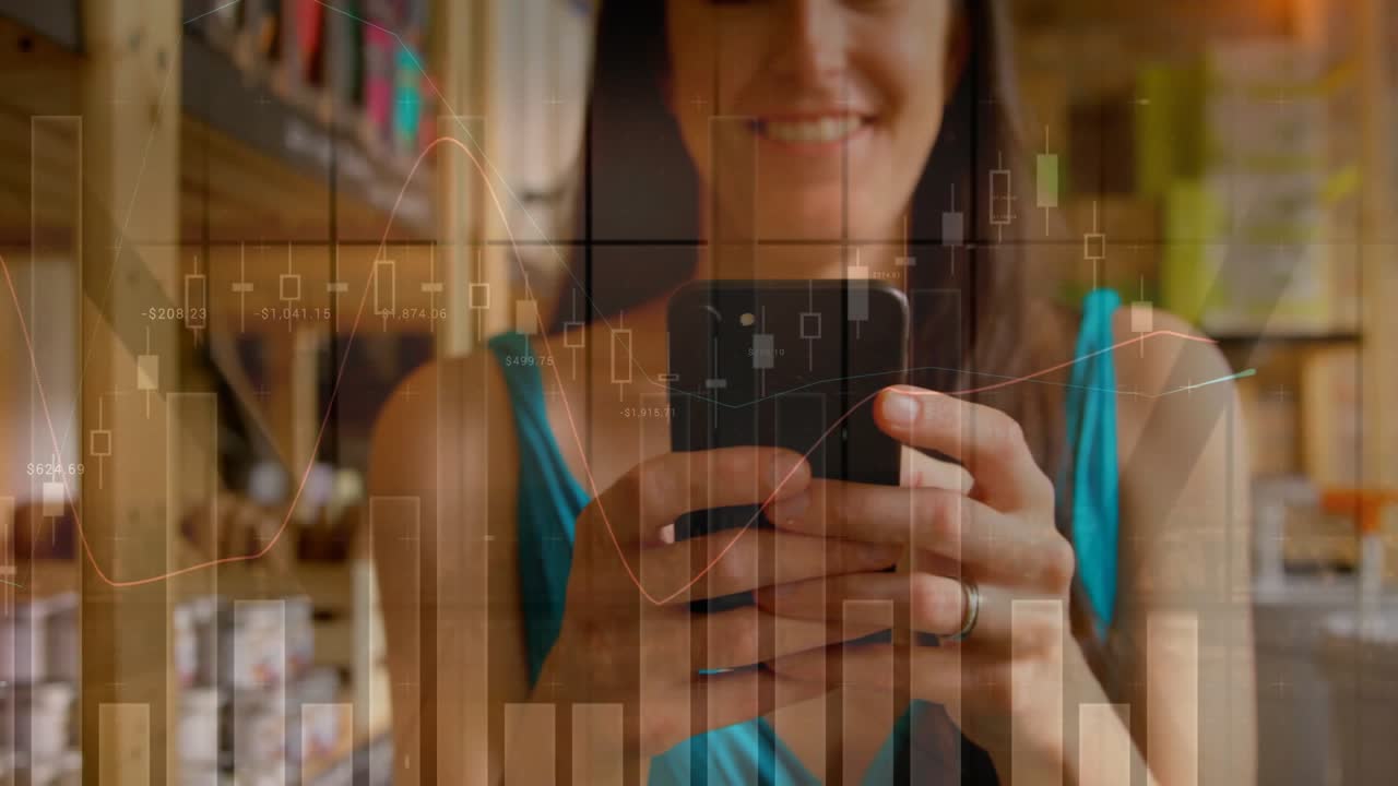 Woman tapping smartphone in retail aisle, checking finance with candlestick and bar charts shifting
