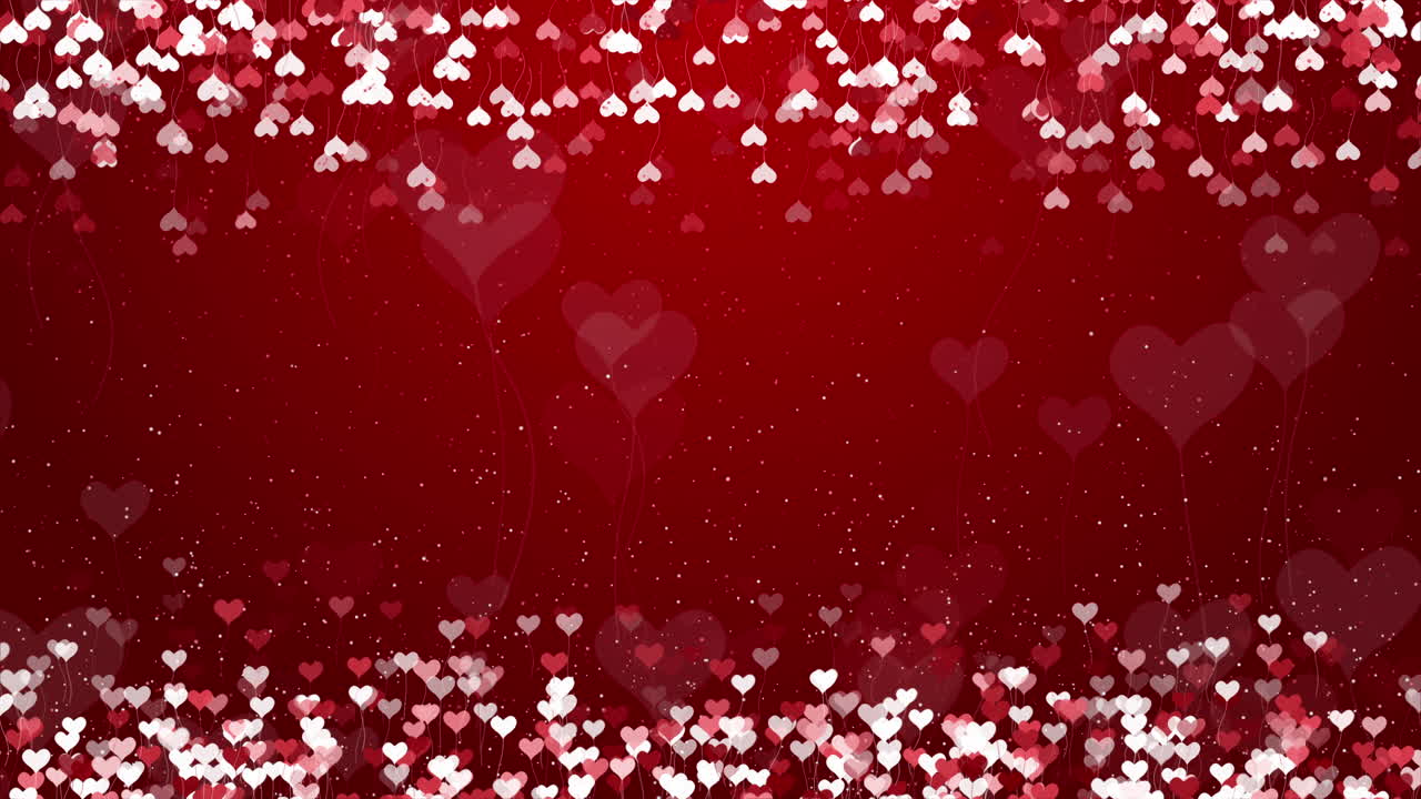 Hearts balloons symbols of love flying on sky red background for Happy Mother's or Valentine's Day greeting card. Copy space. Loop animation.