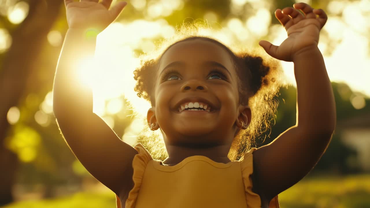 Um vídeo acolhedor da hora dourada captura uma criança alegre sorrindo diretamente para a câmera, com a luz do sol.