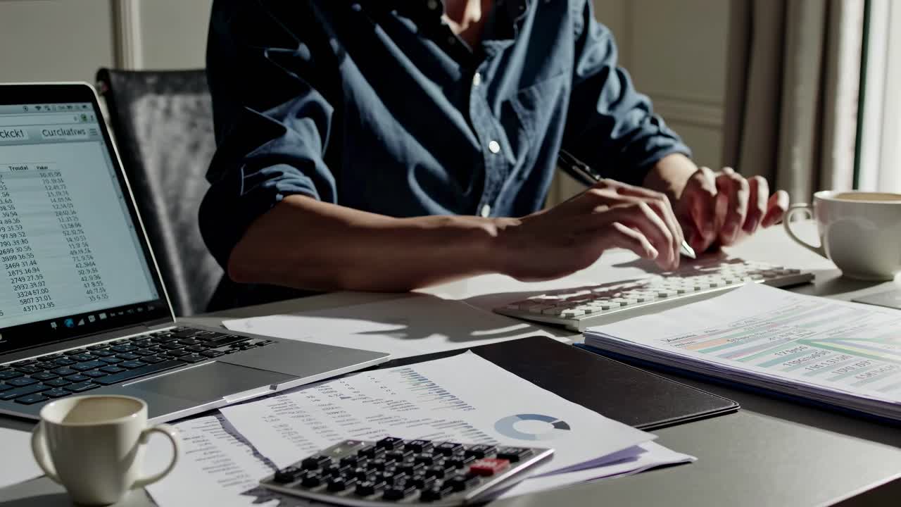 Una foto laterale di una persona che lavora a una scrivania con un laptop, documenti e caffè