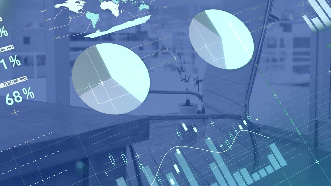 animación de estadísticas y procesamiento de datos financieros en oficinas modernas