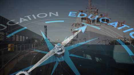 animation of compass with education text over shipyard