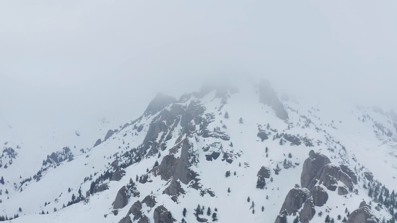 눈으로 인 시우카 산, 안개로 뒤인 평온한 겨울 풍경