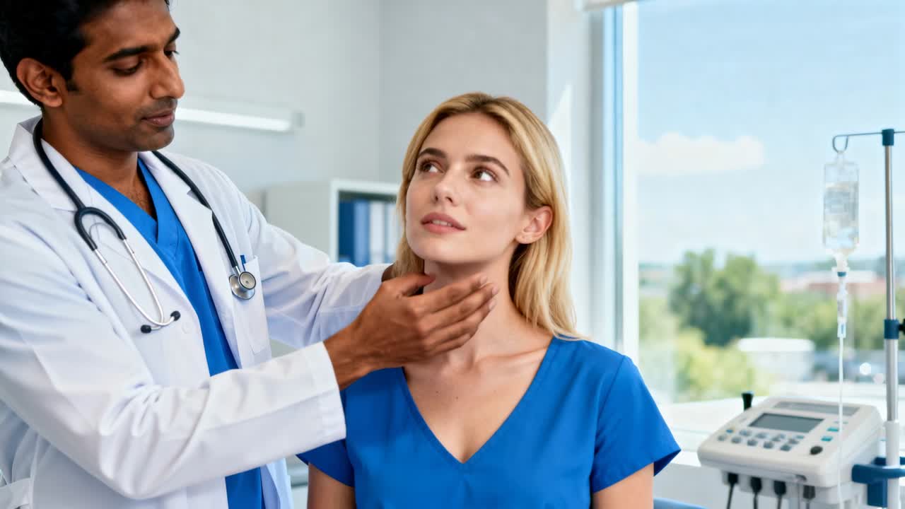 Medico che palpa la tiroide per valutare la ghiandola durante una visita medica, con flebo visibile.