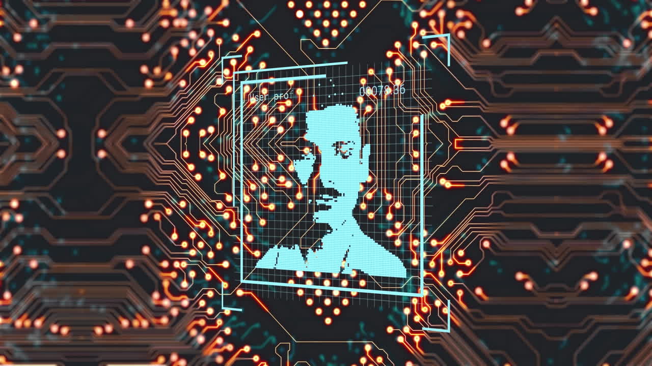 Animation of data processing with people portraits over computer circuit board on black background