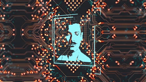 animación de procesamiento de datos con retratos de personas sobre placa de circuitos de computadora sobre fondo negro