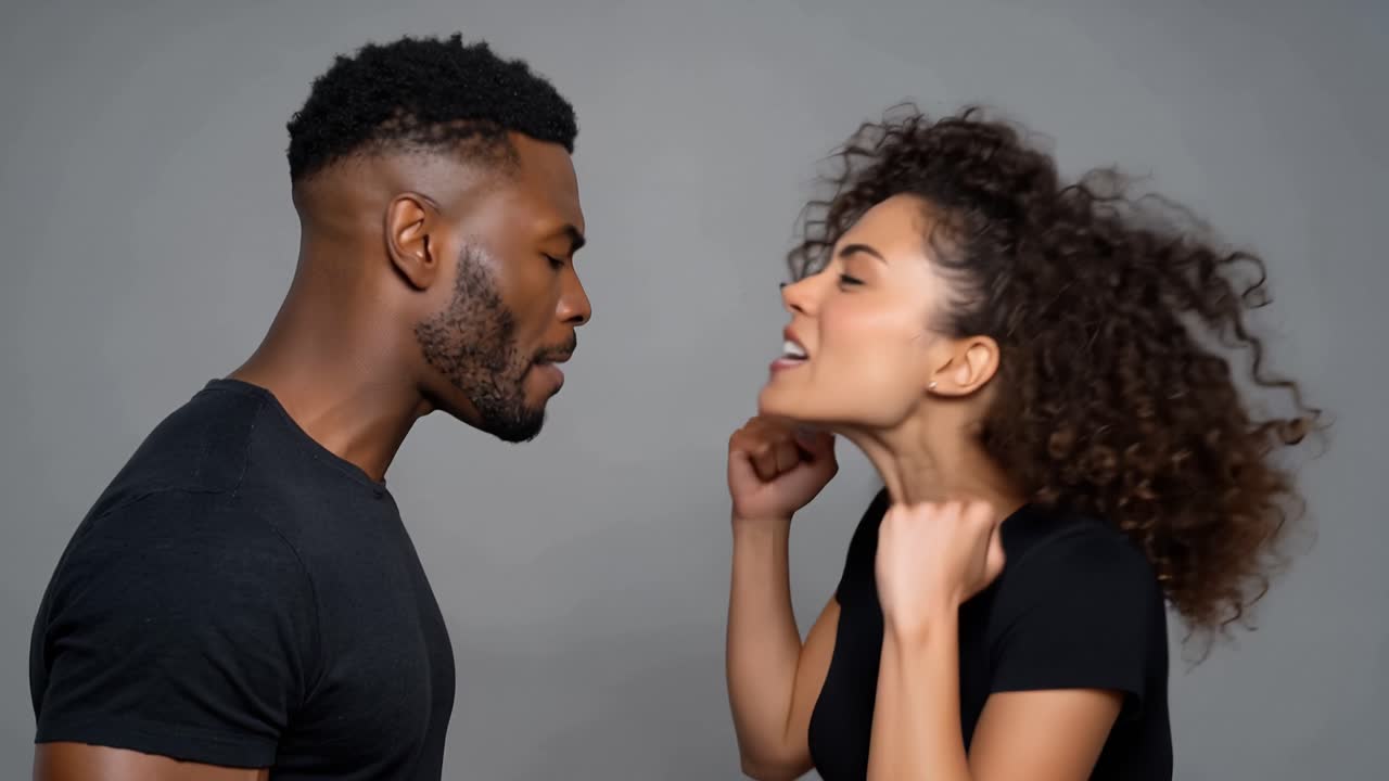 Two people face off, fists clenched, eyes locked. They lean in, faces close, expressions tense. One grins, the other's mouth is open. Their anger pulses, mutual aggression clear. Perfect for conflict