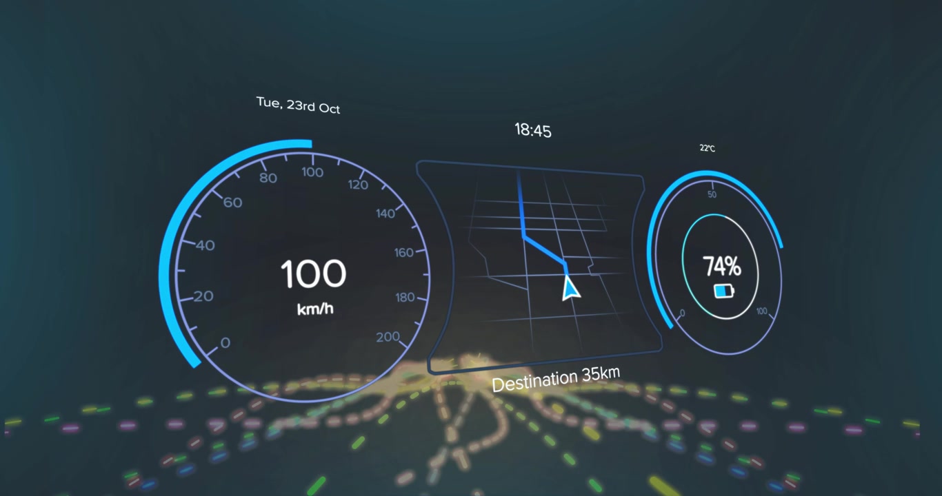 Upon ignition, digital HUD showing speed rising, falling while guiding toward destination