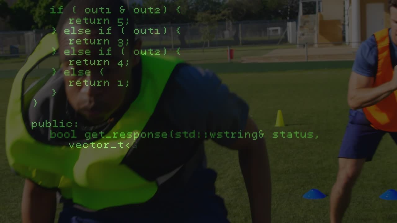 Data processing against african american male soccer player performing push up exercise