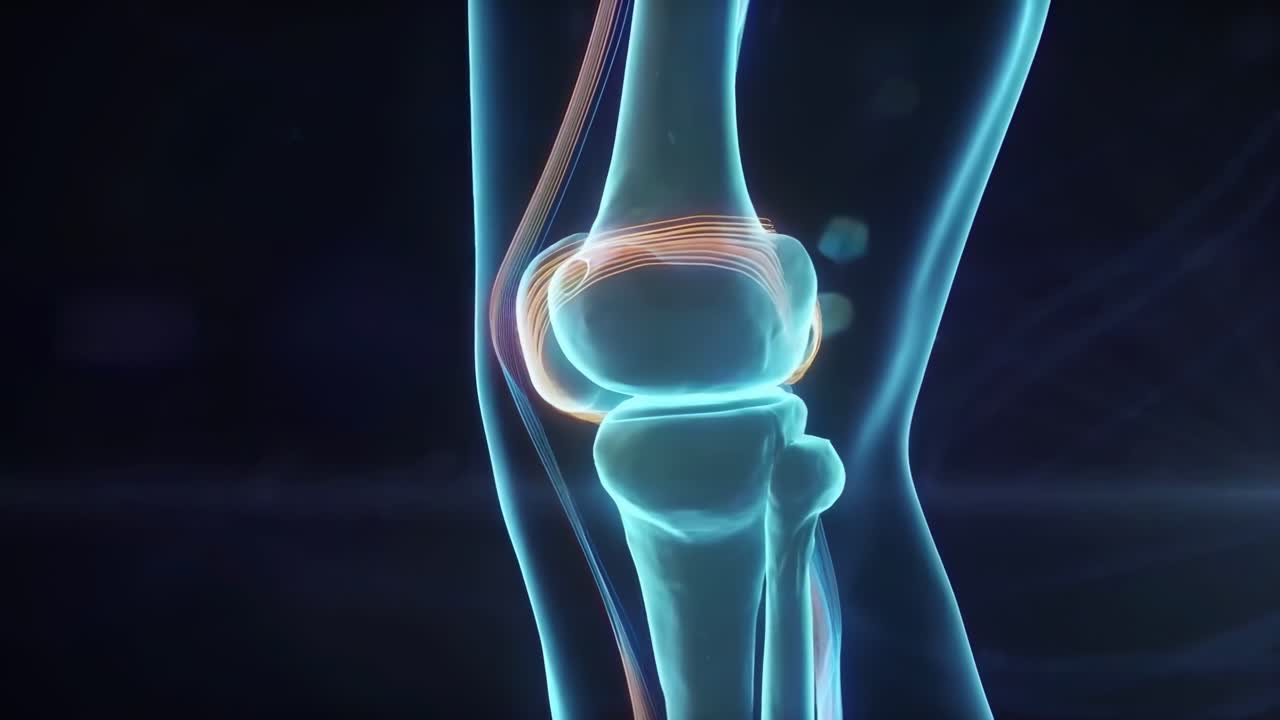 A video of a knee joint in side view, showcasing ligaments and bones in a glowing style