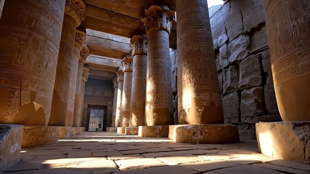 A row of pillars in an ancient building with carvings on them