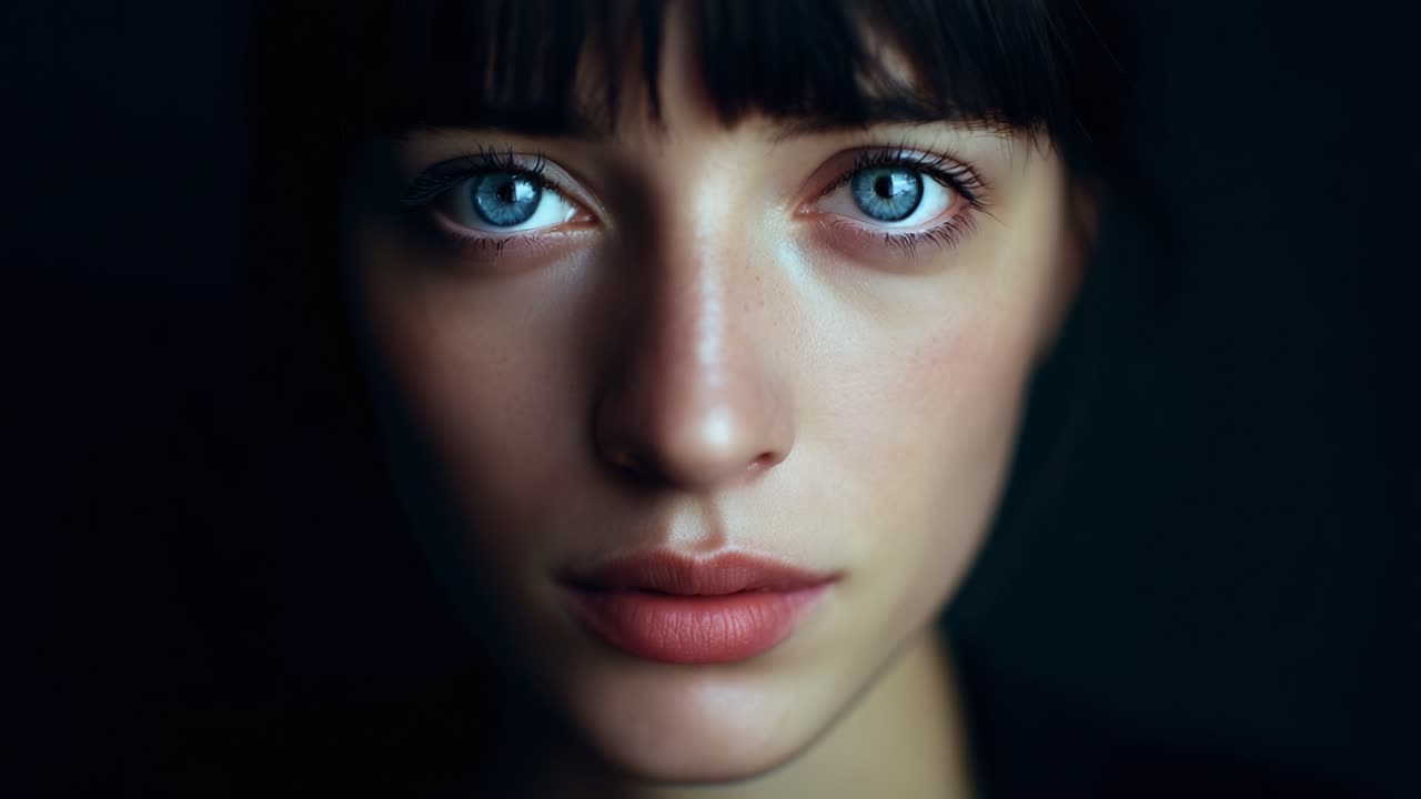 A Portrait of Intrigue: Captivating Close-Up of a Young Woman with Striking Blue Eyes and a Mesmerizing Expression Against a Dark Background
