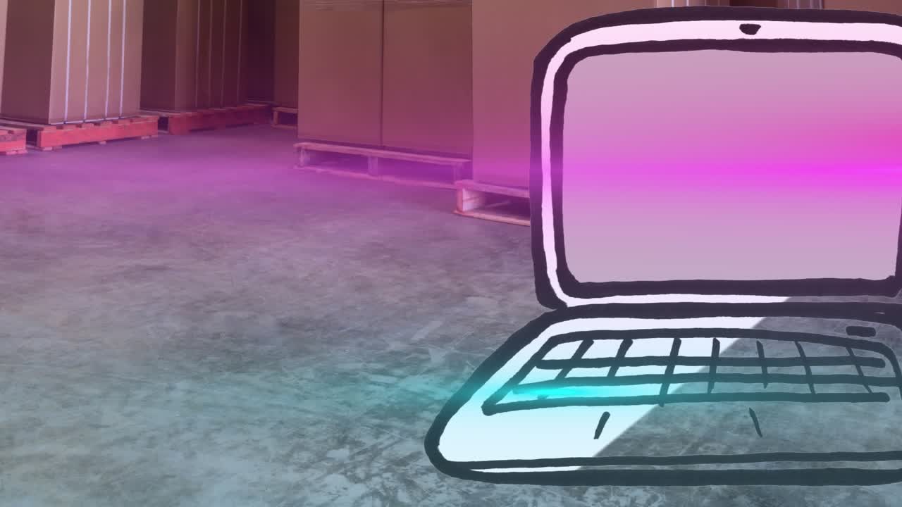 Animation of laptop and lights over warehouse
