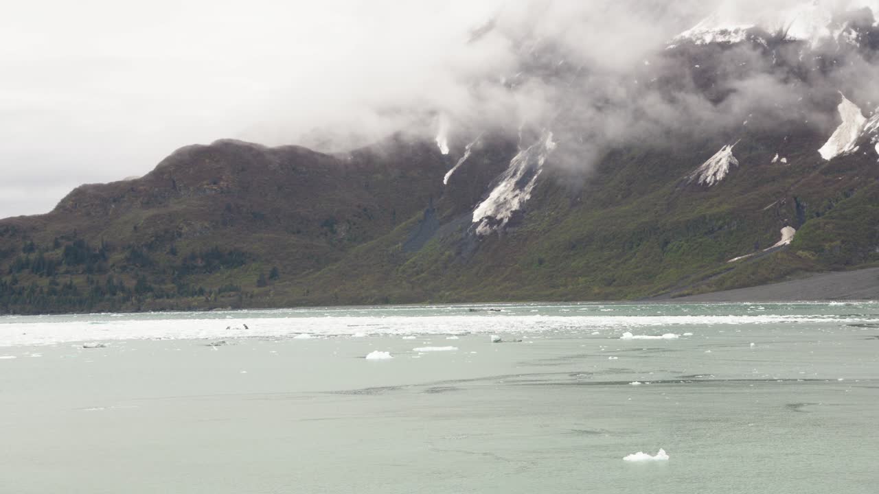 Witness stunning views of glaciers in Alaska, as icebergs drift calmly across the water. Experience the tranquility of nature amidst the dramatic landscape on a crisp day.