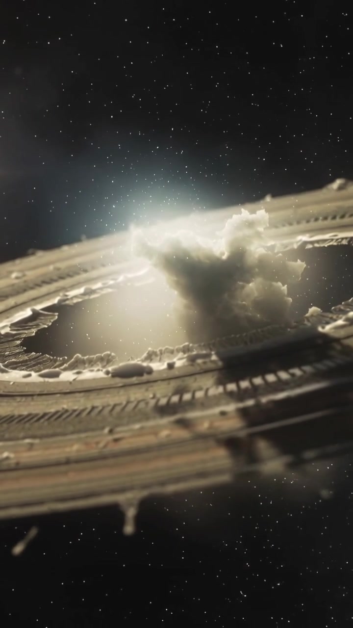 Vertical video: Pulling back camera orbiting ring in space showing cloud and grooves to reveal rim
